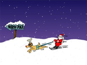 Weihnachtsmann beim Ski mit Rentier Rudolph